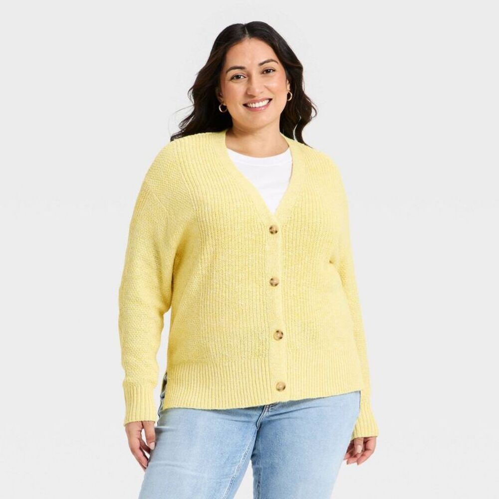 Women's Textured Stitch Button-Front Cardigan Sweater - Ava & Viv Yellow 3X